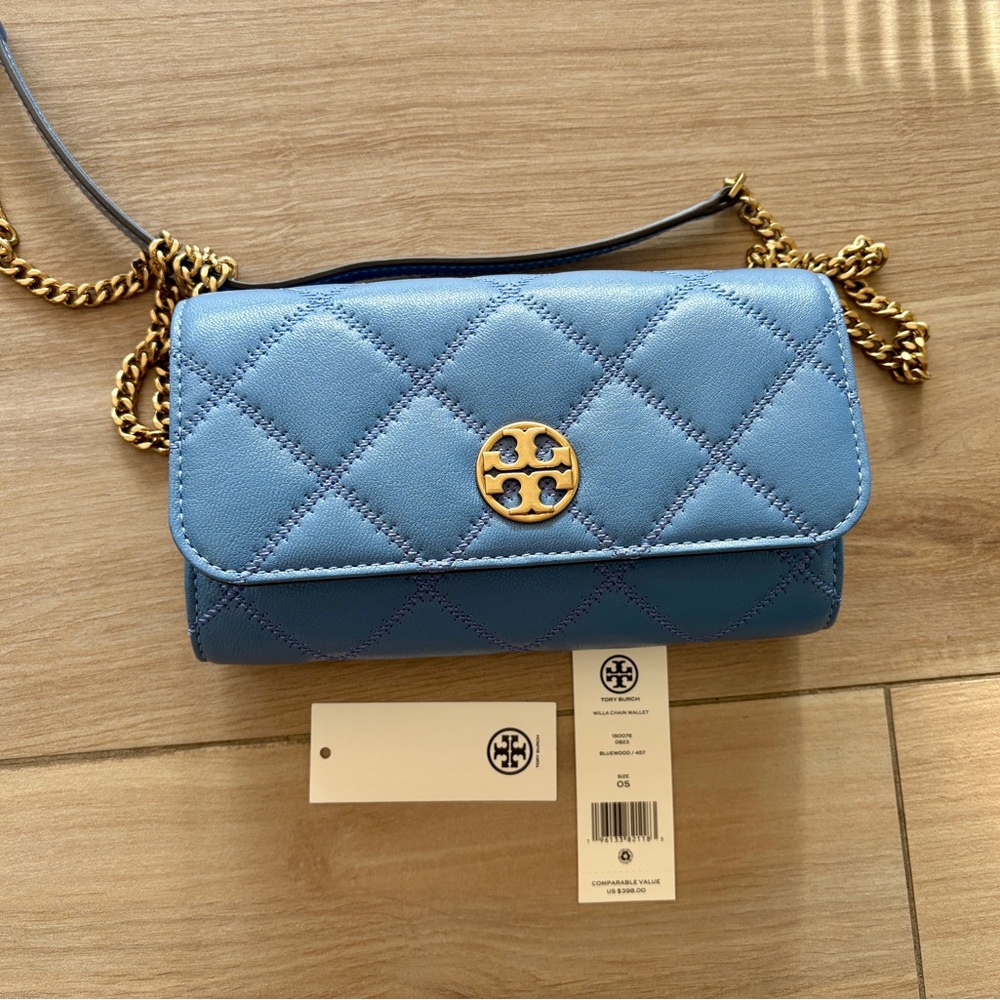 Tory Burch Quilted Blue Crossbody Bag with Gold Chain